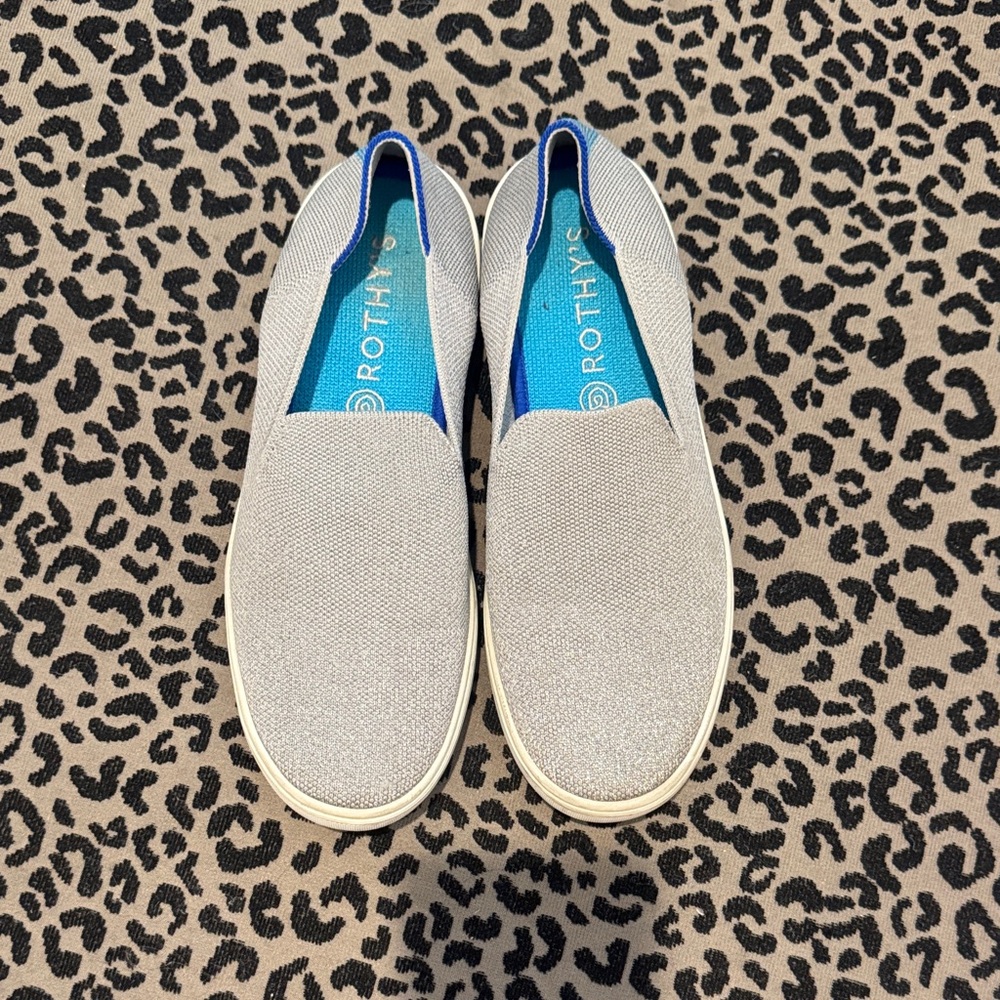 Rothy's Slip-On Sneakers in Light Gray with Bright Blue Insole